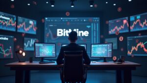 Photorealistic newsroom: BitMine logo, Ethereum coins orbit a treasury chart, red price dip, confident executive foreground.