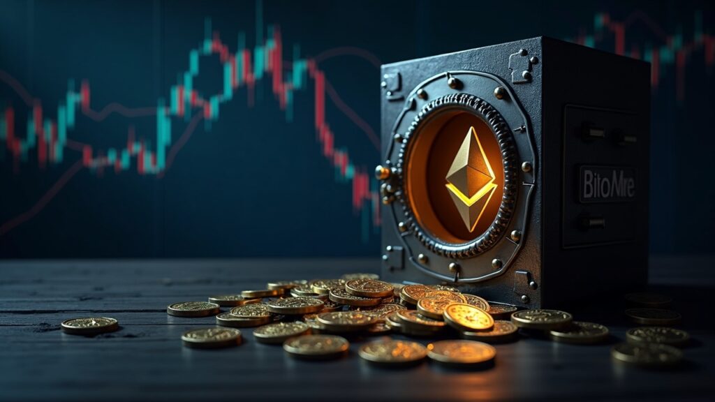 Photorealistic header showing a vault built from Ethereum coins with BitMine signage and fading market charts in background.