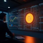 Sleek newsroom with fading stock tickers and a firewall blocking a glowing Bitcoin logo, illustrating decoupled equity risk.