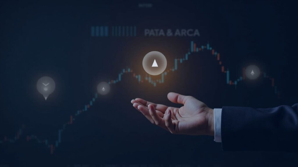 Crypto index chart over NYSE Arca logo with BTC, ETH, SOL icons and a broker exchanging a token under regulatory glow.