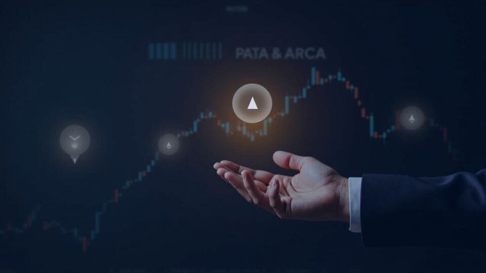 Crypto index chart over NYSE Arca logo with BTC, ETH, SOL icons and a broker exchanging a token under regulatory glow.