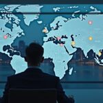 Photorealistic center-shot of a senior executive in a sleek office with a digital asset map and Singapore skyline.