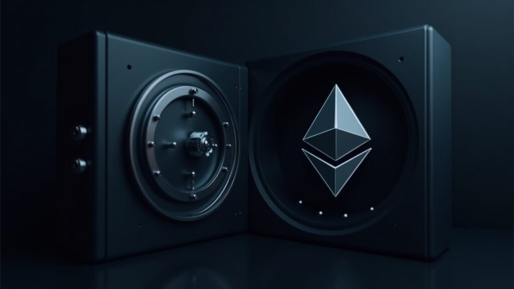 Photorealistic header with BlackRock logo beside Ethereum symbol, depicting staking validators in a sleek vault.