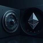Photorealistic header with BlackRock logo beside Ethereum symbol, depicting staking validators in a sleek vault.