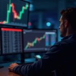 Photorealistic trader at a modern desk with BNB near $910, glowing resistance line and rising volume bars.