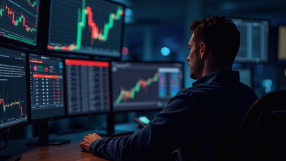 Photorealistic trader at a modern desk with BNB near $910, glowing resistance line and rising volume bars.