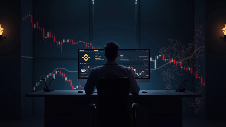 Photorealistic trader in a sleek trading room watches BNB fall below 865 on a monitor, Binance logo and red momentum bars.