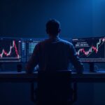 Photorealistic trader at a sleek desk with a red BNB price chart dipping below support and a blue 3-trillion market-cap graphic.