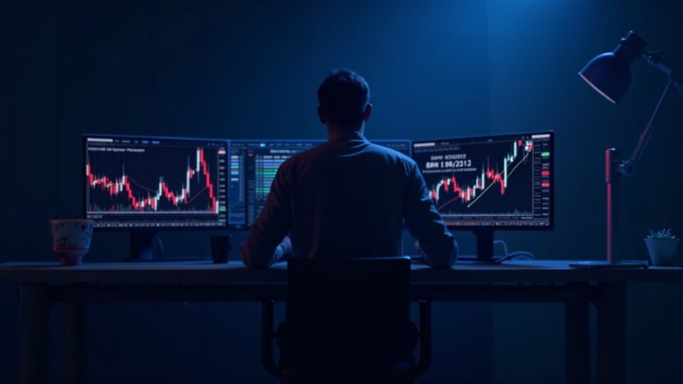 Photorealistic trader at a sleek desk with a red BNB price chart dipping below support and a blue 3-trillion market-cap graphic.