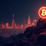 Photorealistic Binance Coin (BNB) climbs above a glowing blockchain skyline with a progress bar and burn icon.