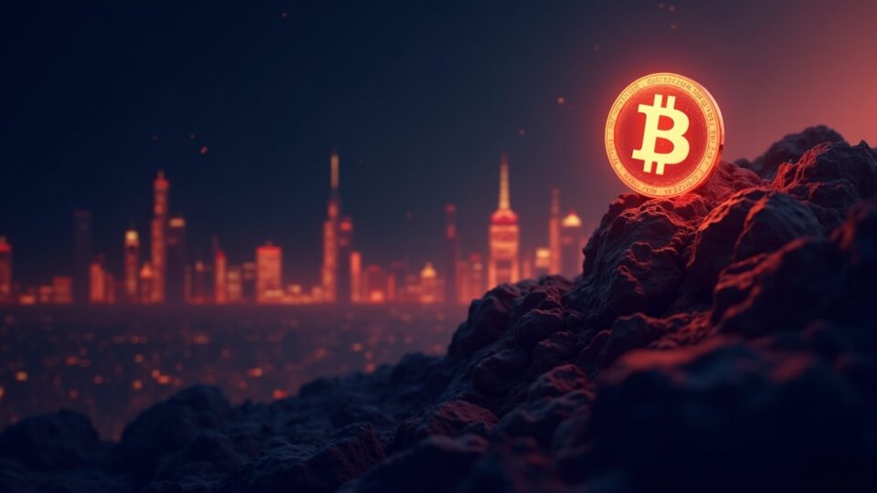 Photorealistic Binance Coin (BNB) climbs above a glowing blockchain skyline with a progress bar and burn icon.