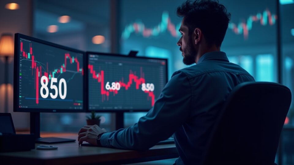 Photorealistic trader at a sleek desk with three monitors showing BNB near 850 and a downward arrow, charts in background