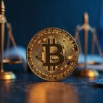 Photorealistic close-up of a glowing BNB coin, scales of justice, EU flags, and regulatory documents on a blockchain backdrop.