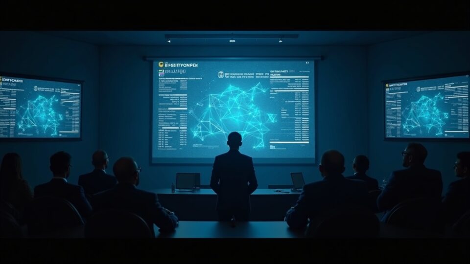 Brazilian auction room with blockchain ledger on screens, bidders and official, illustrating transparent, fraud-resistant real estate.