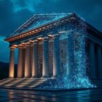 Brazilian bank exterior blended with a bright blockchain network, symbolizing Fusion-based institutional crypto trading.