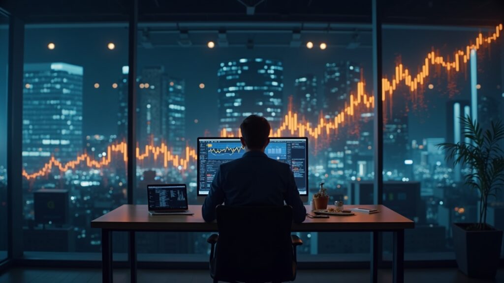 Photorealistic trader in a sleek newsroom as Bitcoin climbs to 170k on a glass board, with a resilience shield and decentralization cues.