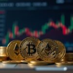 Photorealistic desk scene: Bitcoin and Ethereum coins beside a fading unemployment chart and market screen.