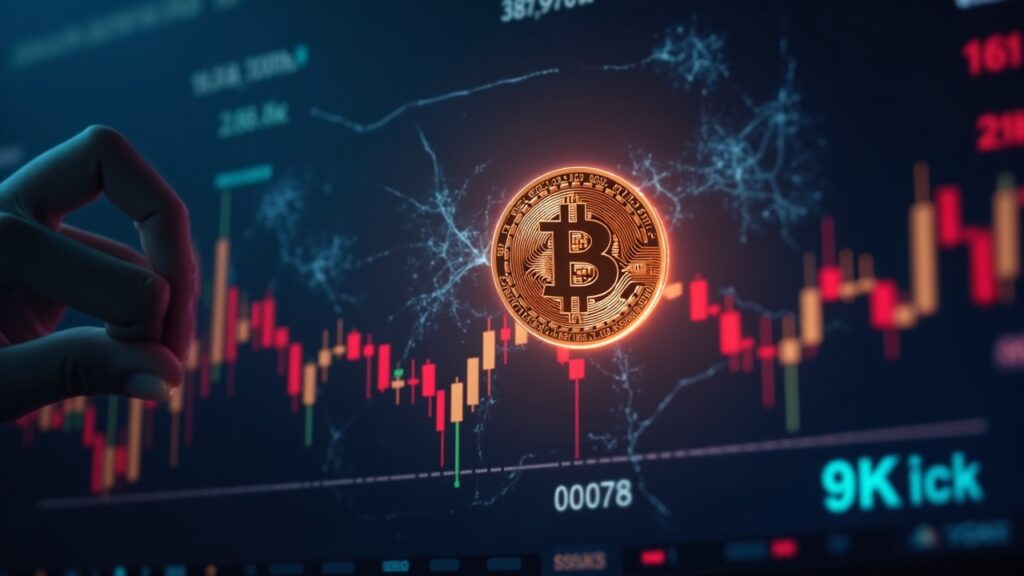 Bitcoin logo above a trading screen with near-90k line, cracked glass, hands adjusting leverage bars under neon lights.
