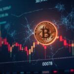 Bitcoin logo above a trading screen with near-90k line, cracked glass, hands adjusting leverage bars under neon lights.