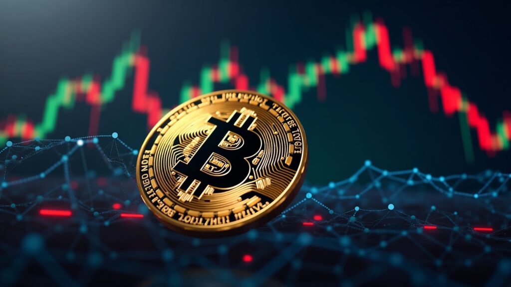 Close-up of a Bitcoin coin with a blurry Nasdaq futures chart and Oracle logo, AI glow illustrating cross-asset tension.