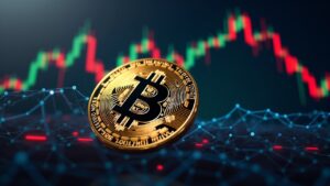 Close-up of a Bitcoin coin with a blurry Nasdaq futures chart and Oracle logo, AI glow illustrating cross-asset tension.