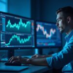 Photorealistic trading desk with Bitcoin charts, stock tickers, and a focused analyst illustrating BTC-driven crypto moves.