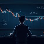 Photorealistic crypto trader beside a downtrending ADA chart with Cardano logo and a bold 0.25 marker.
