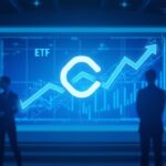 Professional crypto newsroom header: Chainlink logo, rising ETF chart, institutional silhouettes on blue backdrop