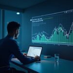 Photorealistic trader at a sleek desk with a holographic oracle network and rising ETF ticker signaling Chainlink adoption.