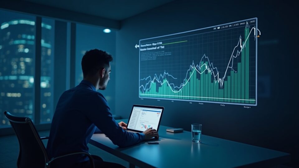 Photorealistic trader at a sleek desk with a holographic oracle network and rising ETF ticker signaling Chainlink adoption.