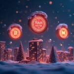 Three glowing coins labeled RAIN, XMR, and M hover over a futuristic city with DeFi networks and privacy shields.