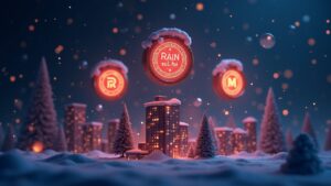 Three glowing coins labeled RAIN, XMR, and M hover over a futuristic city with DeFi networks and privacy shields.