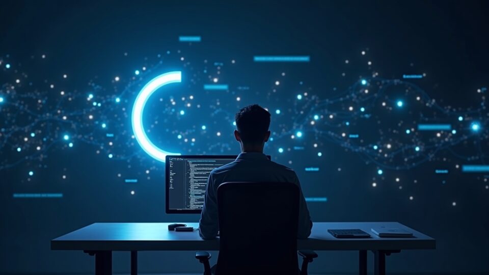 Photorealistic crypto engineer at a desk, Circle and Interop Labs holograms, Axelar token fading in cross-chain backdrop.