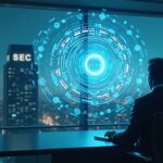 Sharp-suited executive in a sleek office with a holographic DeFi network and a distant SEC-like building