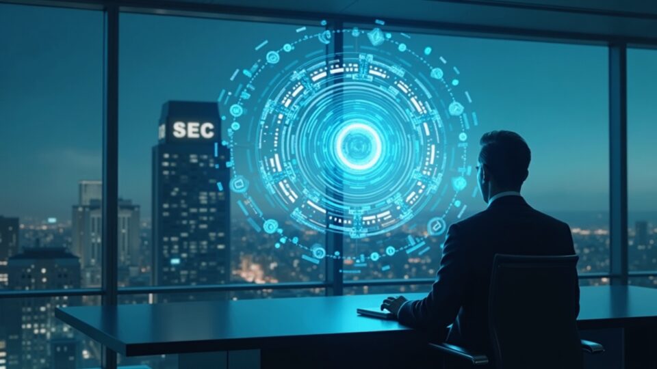 Sharp-suited executive in a sleek office with a holographic DeFi network and a distant SEC-like building