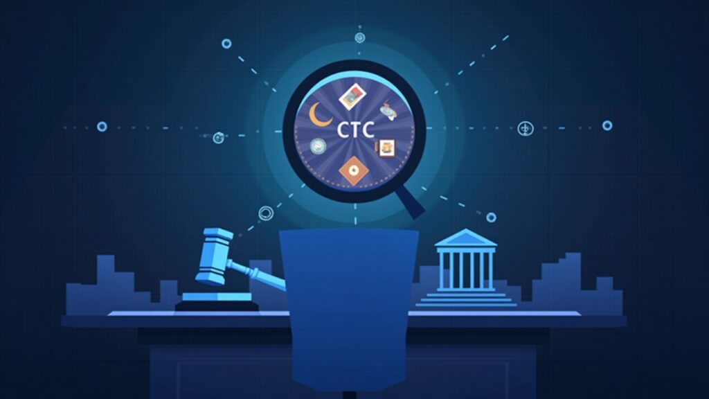 Newsroom with a digital asset token, gavel, and courthouse silhouette signaling crypto regulation and CFTC oversight.