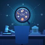 Newsroom with a digital asset token, gavel, and courthouse silhouette signaling crypto regulation and CFTC oversight.