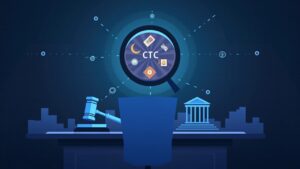 Newsroom with a digital asset token, gavel, and courthouse silhouette signaling crypto regulation and CFTC oversight.