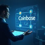 Bank executive reviews holographic display featuring Coinbase logo and crypto icons on a modern trading floor.