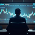 Photorealistic header: Coinbase executive silhouette in a courtroom with a digital stock chart and regulatory icons.
