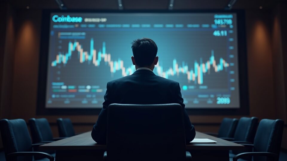 Photorealistic header: Coinbase executive silhouette in a courtroom with a digital stock chart and regulatory icons.