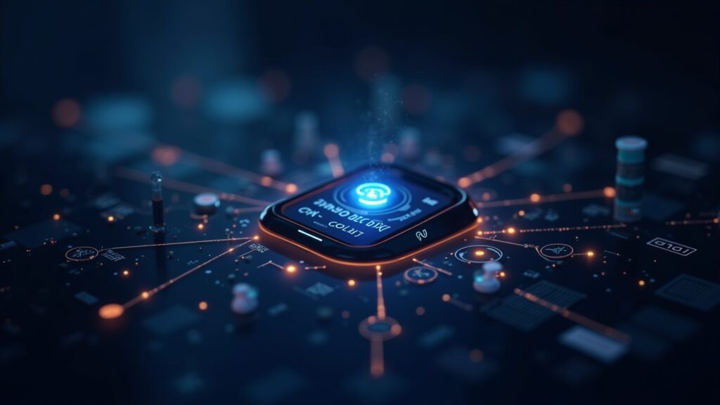 Center-focused Coinbase app UI routing to Solana DEX with glowing Base-2 and Vector links, CeFi and DeFi blend.