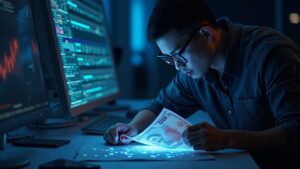 Photorealistic crypto trader at OTC desk examining counterfeit 50k won notes under neon light with blockchain overlay.