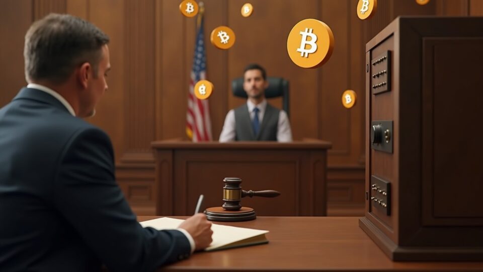 Photorealistic courtroom with a custody vault, floating Bitcoin icons, and a judge, depicting revived stolen-BTC case.