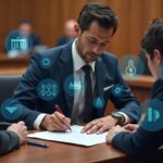 Photoreal courtroom scene with a central signer and crypto graphs illustrating FTX/Alameda clients' input on a $10M settlement.