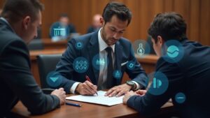 Photoreal courtroom scene with a central signer and crypto graphs illustrating FTX/Alameda clients' input on a $10M settlement.