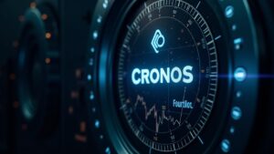 Photorealistic vault scene featuring Cronos logo, Nasdaq glow, and Trump Media branding, symbolizing a tokenized crypto treasury.