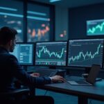 Photorealistic crypto analyst at a desk with screens showing Grayscale and Chainlink logos and charts.