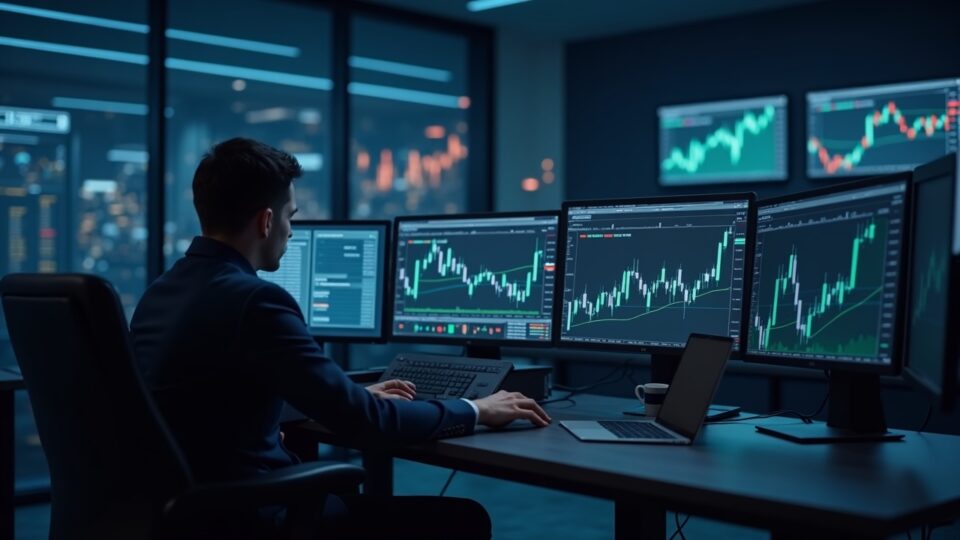 Photorealistic crypto analyst at a desk with screens showing Grayscale and Chainlink logos and charts.