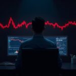 Photorealistic trader at center with BTC, ETH, XRP on screens; red liquidation bars cascade over a macro price chart.